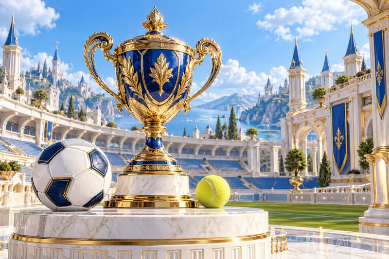 Gouden sportbeker met een voetbal en tennisbal in een lichtblauw koninklijk stadion